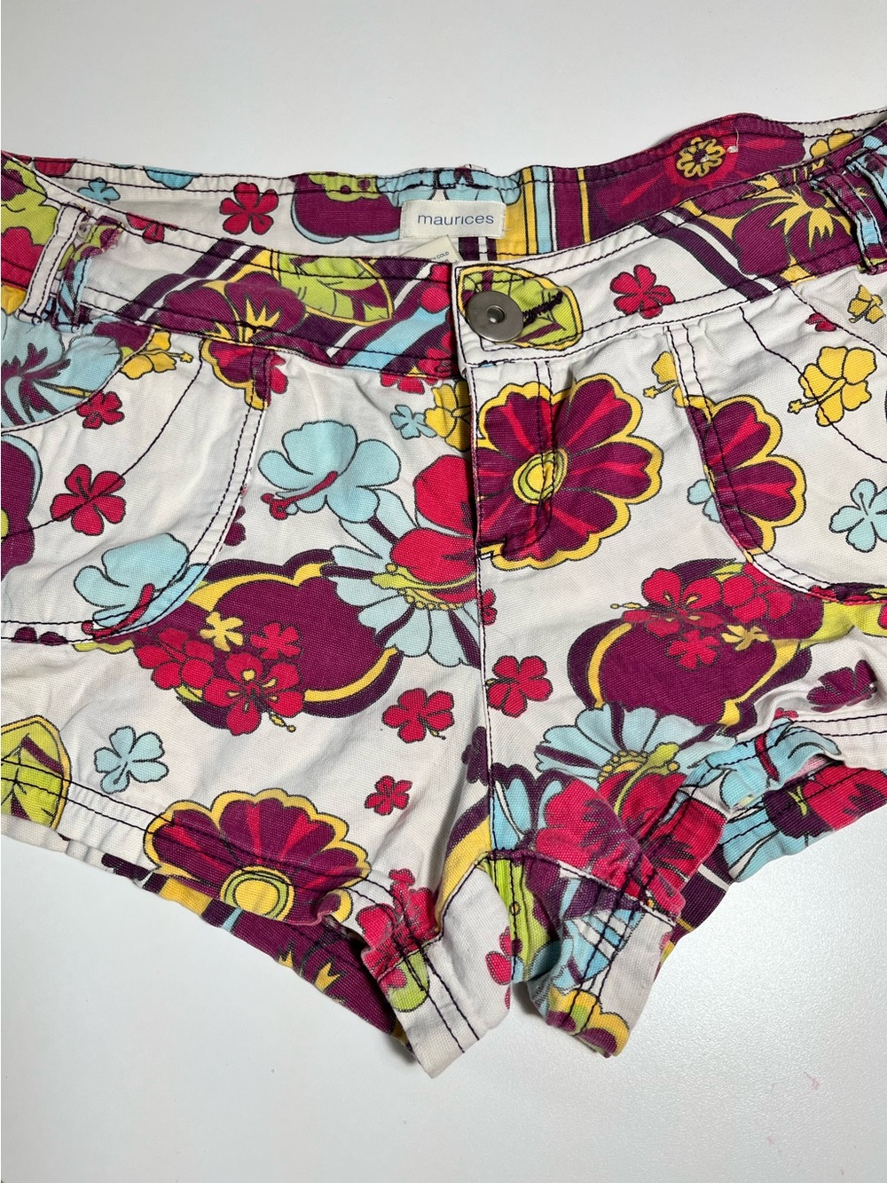 Maurices White Floral Jean Shorts with Magenta and Aqua Accents